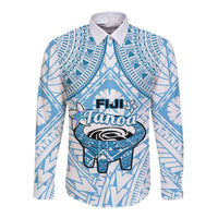 Fiji Tanoa Long Sleeve Button Shirt Kava Bowl Fijian Tapa Blue Pattern LT14 Unisex Blue - Polynesian Pride