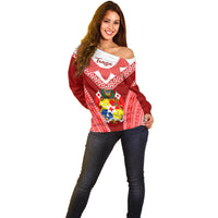 (Custom Personalised) Tonga Heilala Flowers Off Shoulder Sweater Tongan Ngatu White Special Verison LT14 - Polynesian Pride