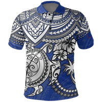 Chuuk Polo Shirt Chuuk FLag White Turtle Hibiscus (Blue) Unisex BLUE - Polynesian Pride