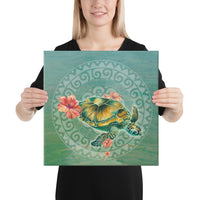 Hibiscus Turtle Swimming Canvas 16x16 Canvas White - Polynesian Pride