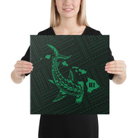 Hawaiian Map Hammerhead Shark Polynesian Canvas Green 16x16 Canvas Green - Polynesian Pride