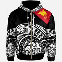 Papua New Guinea Custom Zip Hoodie Ethnic Style With Round Black White Pattern Unisex Black - Polynesian Pride