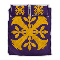Hawaiian Royal Pattern Quilt Bed Set - Purple And Gold - F3 Style - AH Art - Polynesian Pride