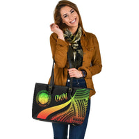 Northern Mariana Islands Large Leather Tote Bag - Reggae Polynesian Tentacle Tribal Pattern - Polynesian Pride