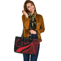 Cook Islands Custom Personalised Large Leather Tote Bag - Red Polynesian Tentacle Tribal Pattern - Polynesian Pride