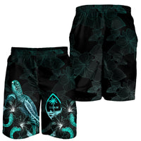 Guam Polynesian Men's Shorts - Turtle With Blooming Hibiscus Turquoise - Polynesian Pride