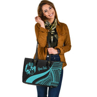 Tonga Custom Personalised Large Leather Tote Bag - Turquoise Polynesian Tentacle Tribal Pattern - Polynesian Pride