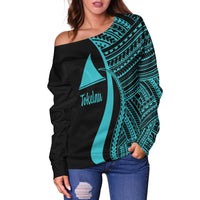 Tokelau Women's Off Shoulder Sweater - Turquoise Polynesian Tentacle Tribal Pattern - Polynesian Pride
