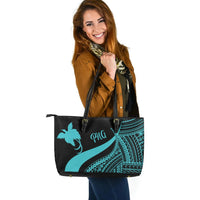 Papua New Guinea Large Leather Tote Bag - Turquoise Polynesian Tentacle Tribal Pattern - Polynesian Pride