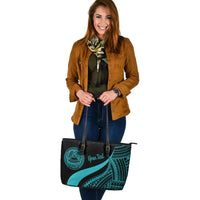 American Samoa Custom Personalised Large Leather Tote Bag - Turquoise Polynesian Tentacle Tribal Pattern - Polynesian Pride