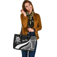 Tuvalu Custom Personalised Large Leather Tote Bag - White Polynesian Tentacle Tribal Pattern - Polynesian Pride