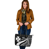 Wallis And Futuna Large Leather Tote Bag - White Polynesian Tentacle Tribal Pattern - Polynesian Pride