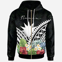 Nauru Polynesian Zip up Hoodie Nauru Coat of Arms & Polynesian Tropical Flowers White Unisex White - Polynesian Pride