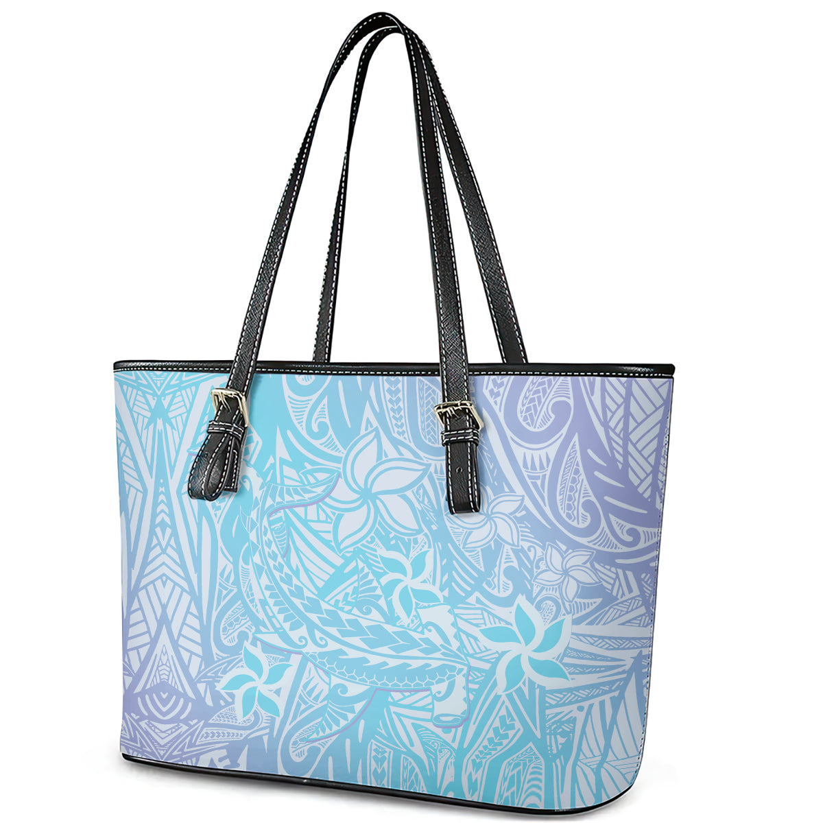 Baby Blue Gradient Polynesia Leather Tote Bag Hawaiian Tribal Hammerhead Shark Tattoo LT14