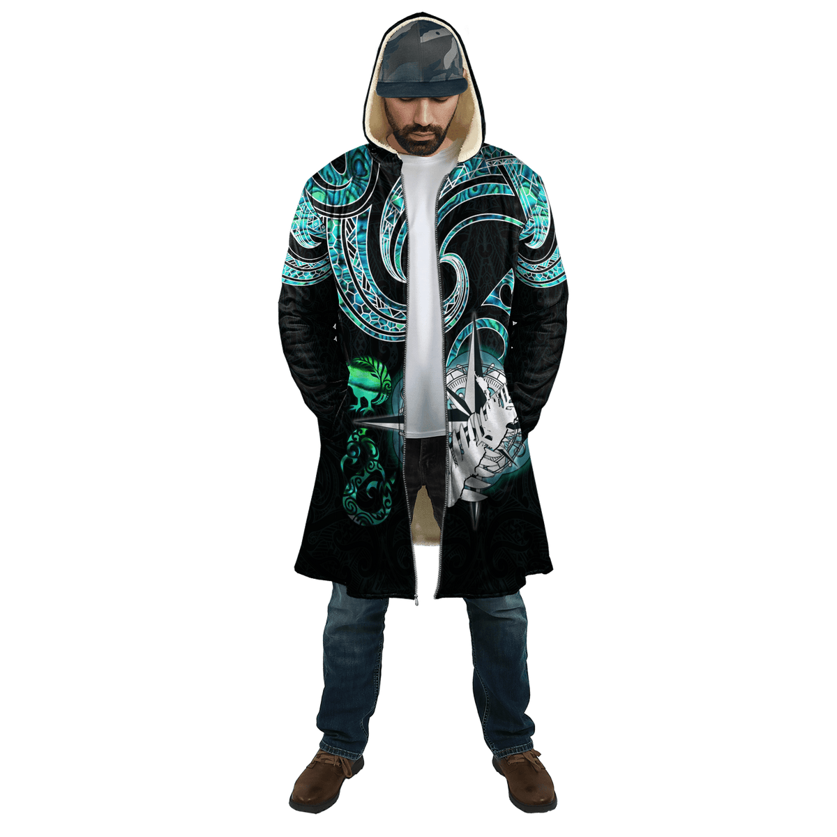 Aotearoa New Zealand Maori Shell Compass Kiwi And Manaia Printed Cloak - Polynesian Pride