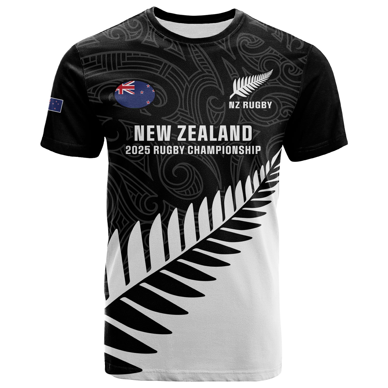 New Zealand Silver Fern Rugby T Shirt All Black Go Champions Maori Pattern LT14