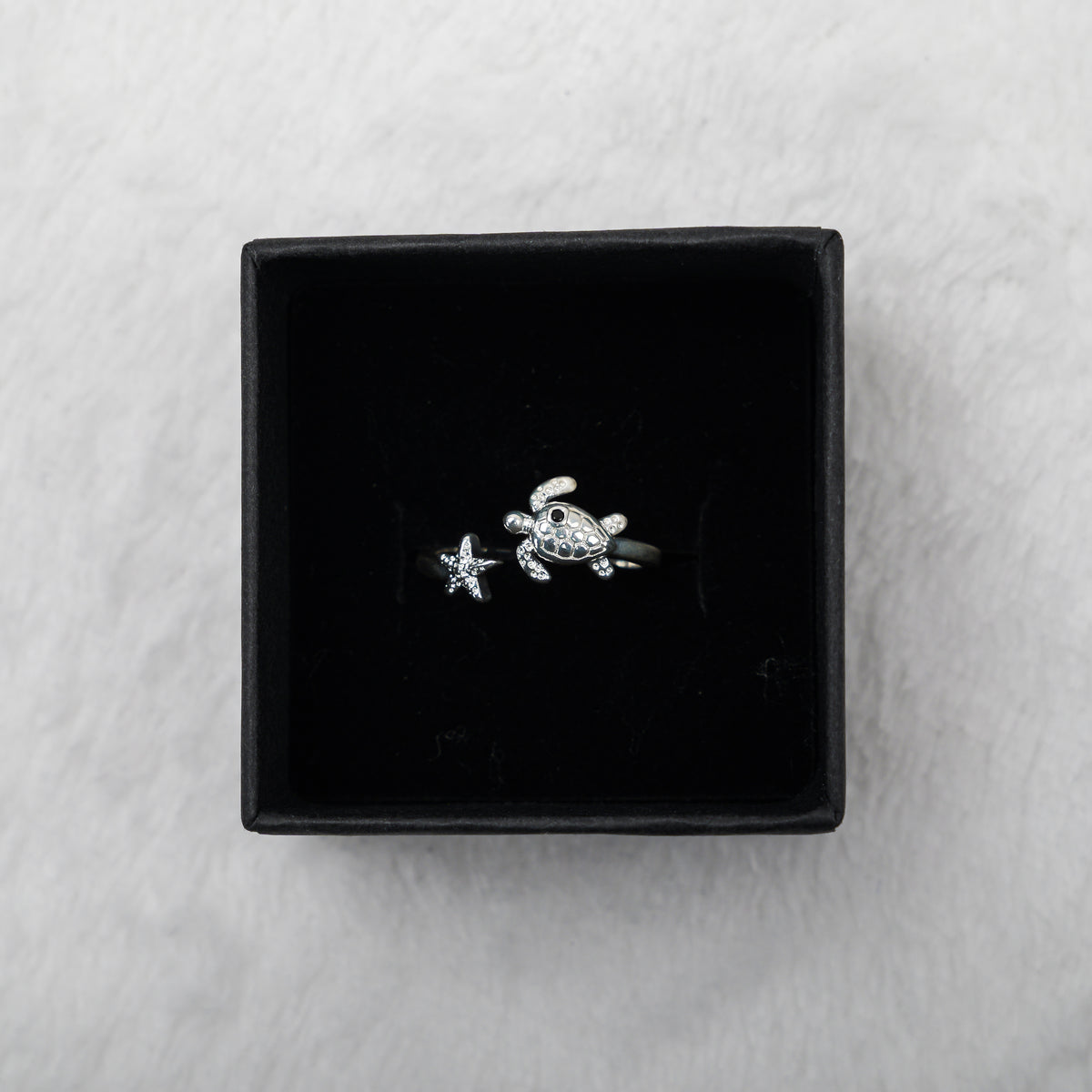 Polynesian Pride Turtle and Starfish Ring – Adjustable Sterling Silver Ocean Jewelry