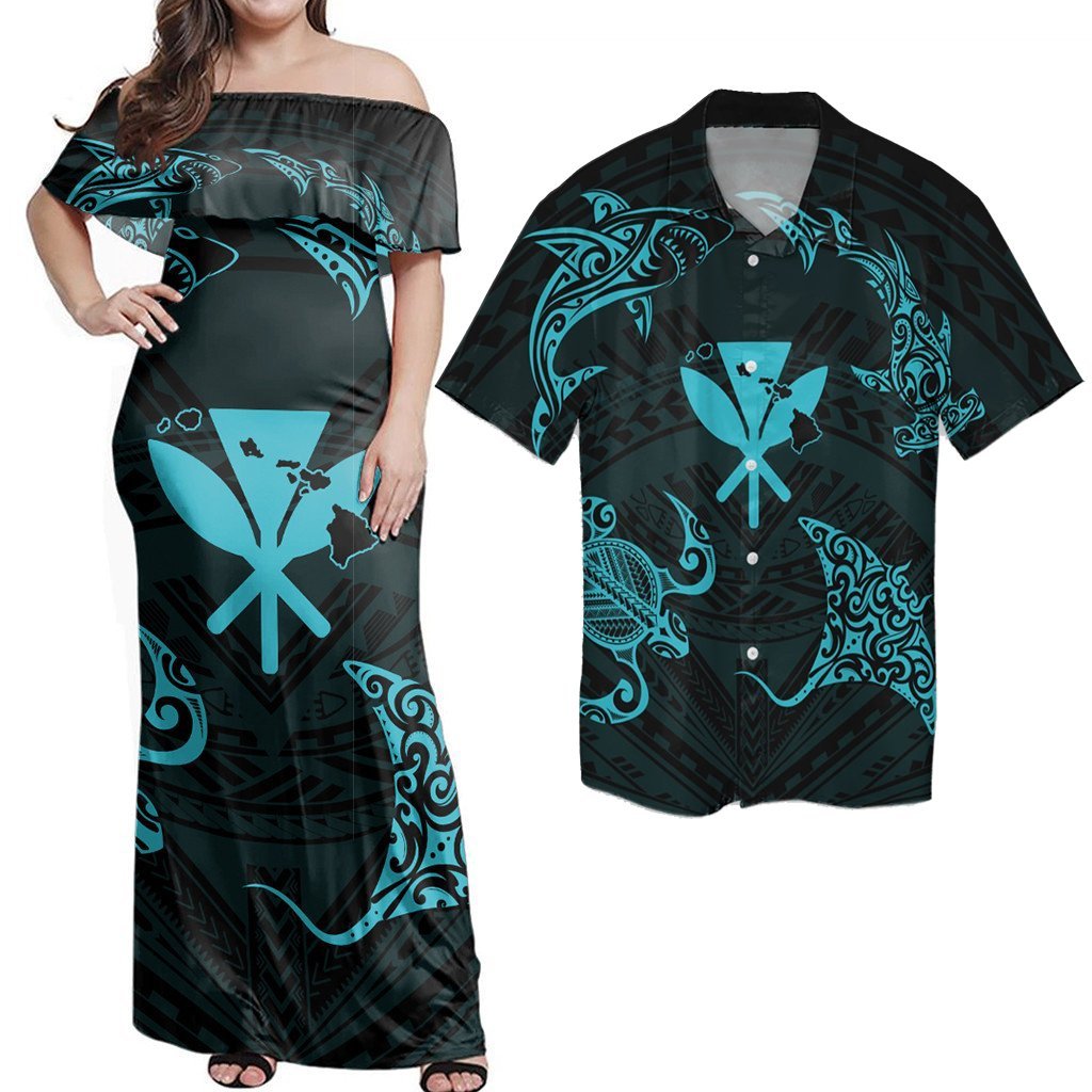 Matching Dress and Hawaiian Shirt Polynesian Turtle Hammerhead Shark Ray Kanaka Hawaii Circle Blue RLT14 No Dress - Polynesian Pride