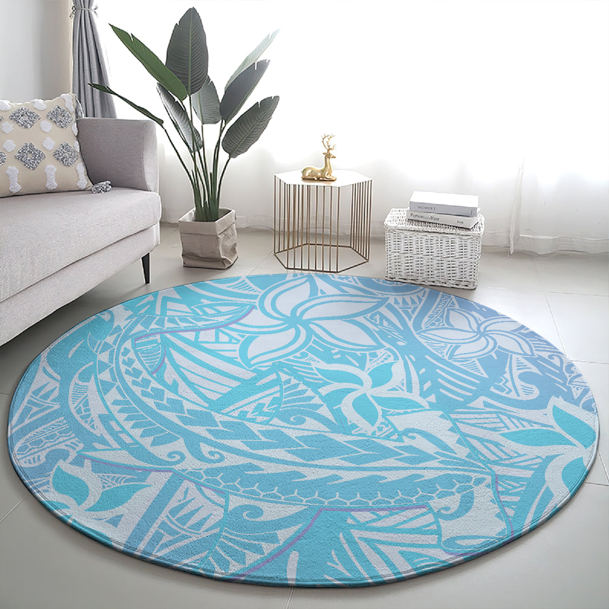Baby Blue Gradient Polynesia Round Carpet Hawaiian Tribal Hammerhead Shark Tattoo LT14
