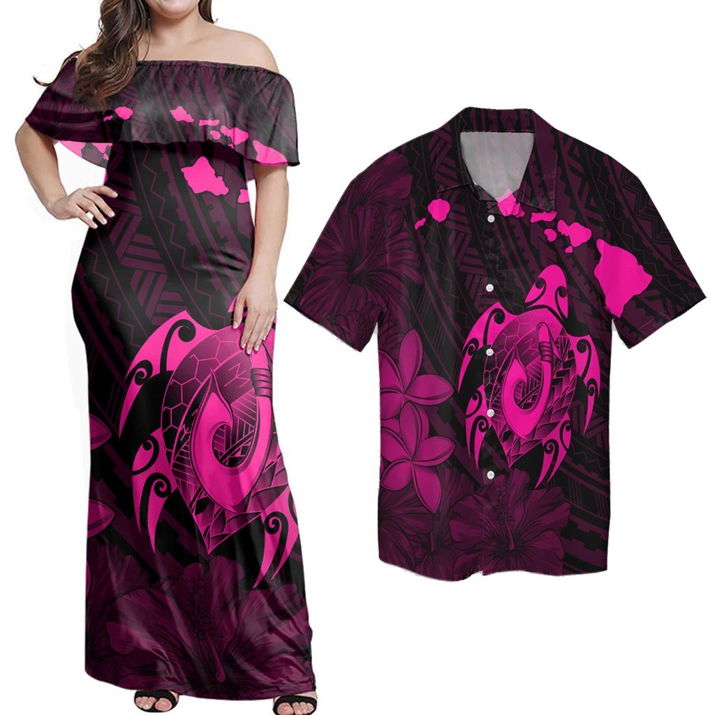 Polynesian Couple Outfits Matching Dress and Hawaiian Shirt Hawaii Map Turtle Plumeria Hibiscus Fish Hook Polynesian Pink RLT14 No Dress - Polynesian Pride
