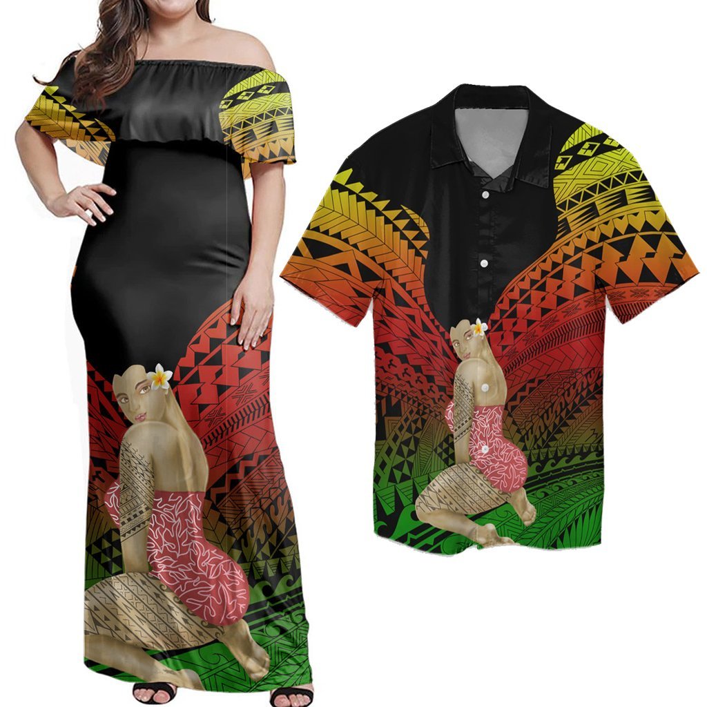 Hawaiian Matching Dress and Hawaiian Shirt Hawaii Polynesian Hula Girl Wearing Plumeria Reggae RLT14 No Dress - Polynesian Pride