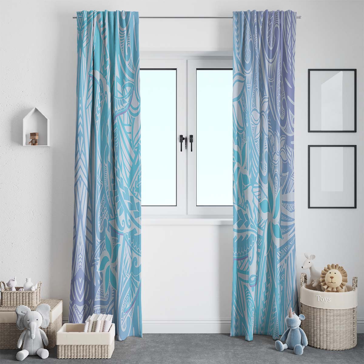 Baby Blue Gradient Polynesia Window Curtain Hawaiian Tribal Hammerhead Shark Tattoo LT14
