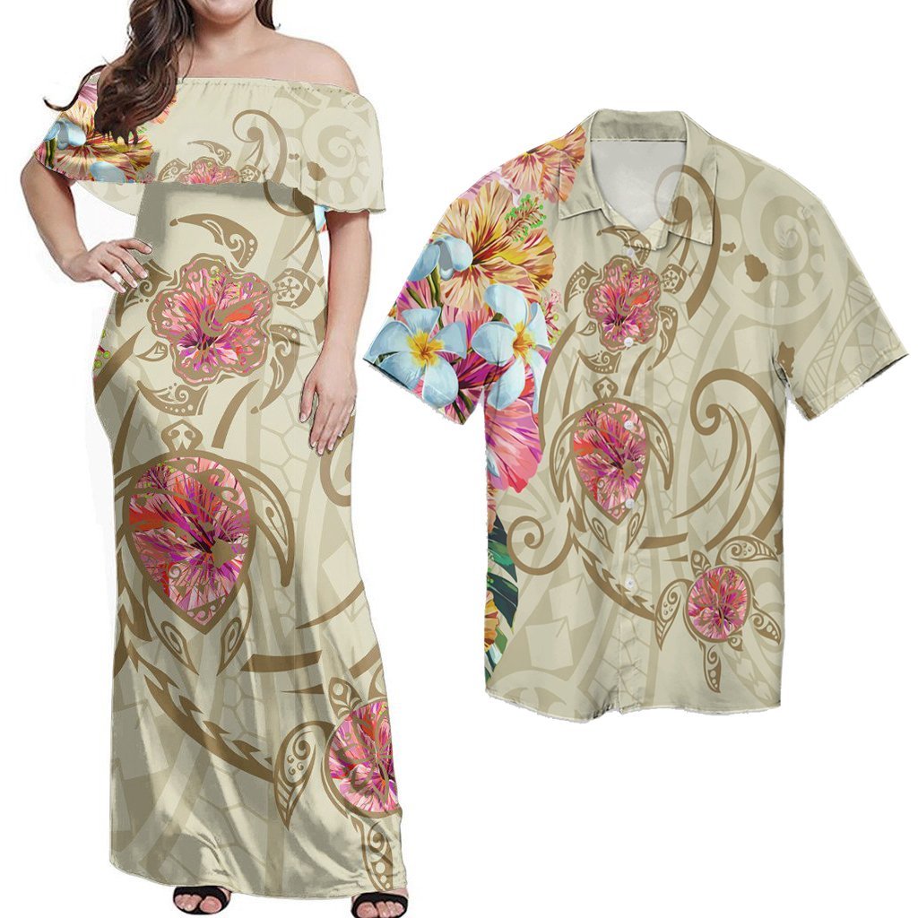 Matching Dress and Hawaiian Shirt Hawaii Triple Marble Turtle Polynesian Hibiscus Benjamin Style Beige RLT14 No Dress - Polynesian Pride