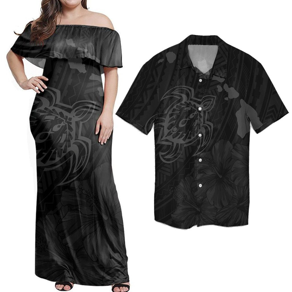 Matching Couple Hawaiian Outfits Dress and Hawaiian Shirt Hibiscus Sea Turtle Swim Polynesian Grey RLT14 No Dress - Polynesian Pride