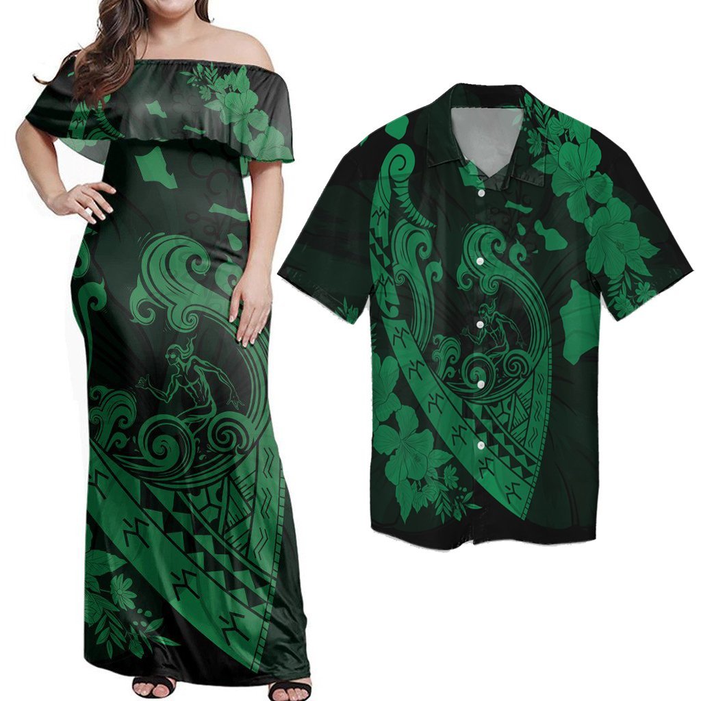 Hawaii Matching Dress and Hawaiian Shirt Hawaii Fish Hook Hibiscus Banzai Surfing Polynesian Green RLT14 No Dress - Polynesian Pride