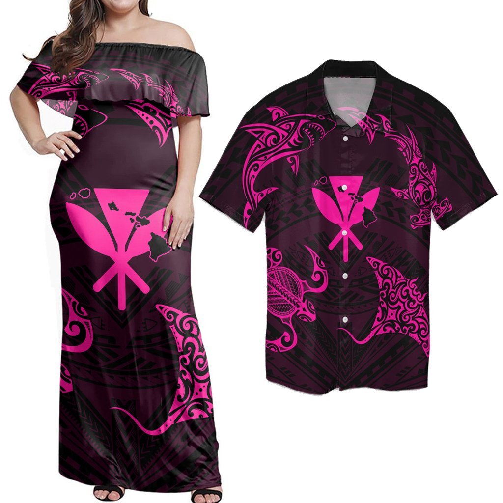 Matching Couple Hawaiian Outfits Dress and Hawaiian Shirt Polynesian Turtle Hammerhead Shark Ray Kanaka Hawaii Circle Pink RLT14 No Dress - Polynesian Pride