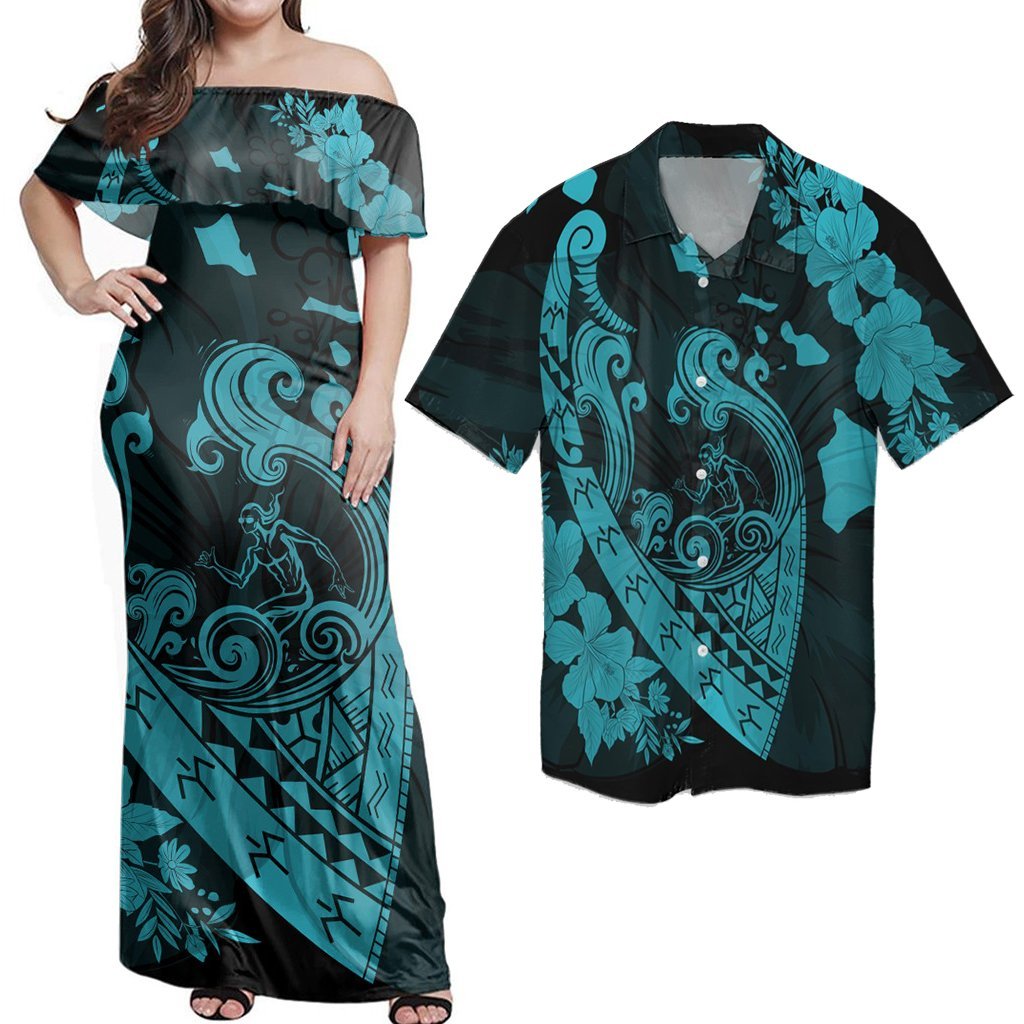 Matching Dress and Hawaiian Shirt Hawaii Fish Hook Hibiscus Banzai Surfing Polynesian Blue RLT14 No Dress - Polynesian Pride
