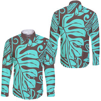 Teal Polynesian Tropical Leaf Family Matching Off Shoulder Maxi Dress and Hawaiian Shirt LT14 Dad's Shirt - Long Sleeve Teal - Polynesian Pride