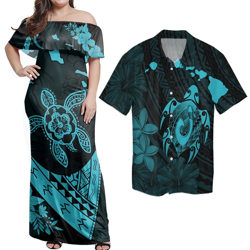 Hawaii Matching Dress and Hawaiian Shirt Hawaii Map Turtle Plumeria Hibiscus Fish Hook Polynesian Blue RLT14 No Dress - Polynesian Pride