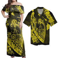 Polynesian Couple Outfits Matching Dress and Hawaiian Shirt Hawaii Fish Hook Hibiscus Banzai Surfing Polynesian Yellow RLT14 No Dress - Polynesian Pride