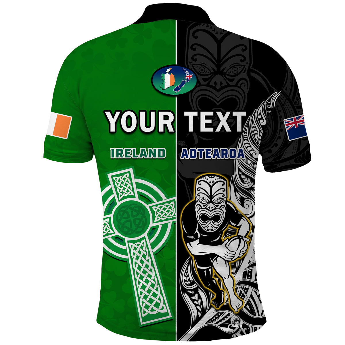 Custom New Zealand and Ireland Rugby Polo Shirt All Black Maori Mix Shamrocks LT14 - Polynesian Pride