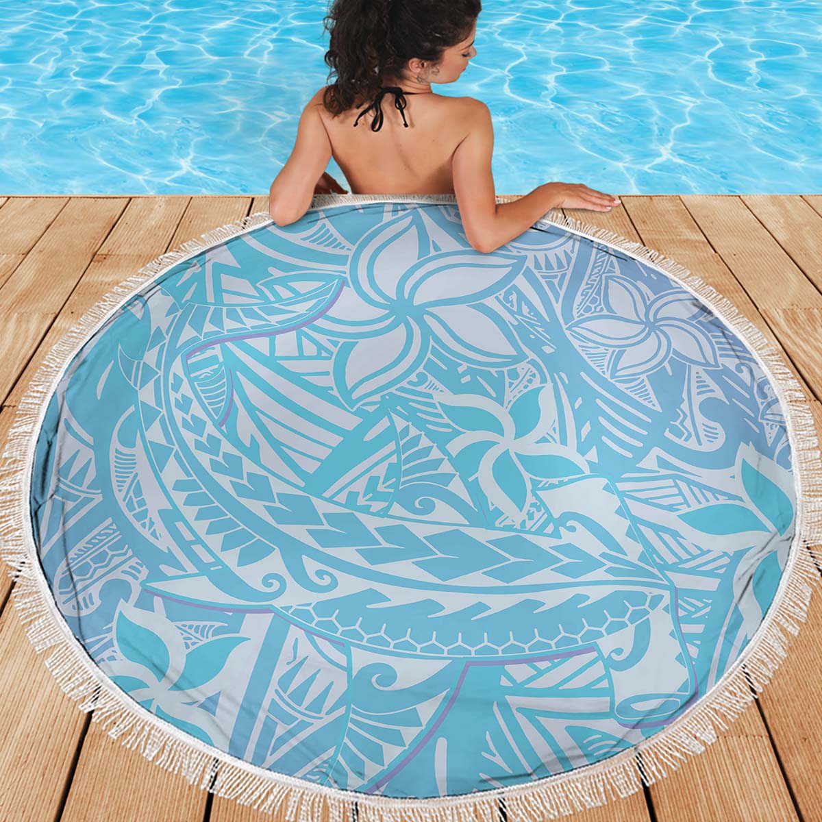Baby Blue Gradient Polynesia Beach Blanket Hawaiian Tribal Hammerhead Shark Tattoo LT14