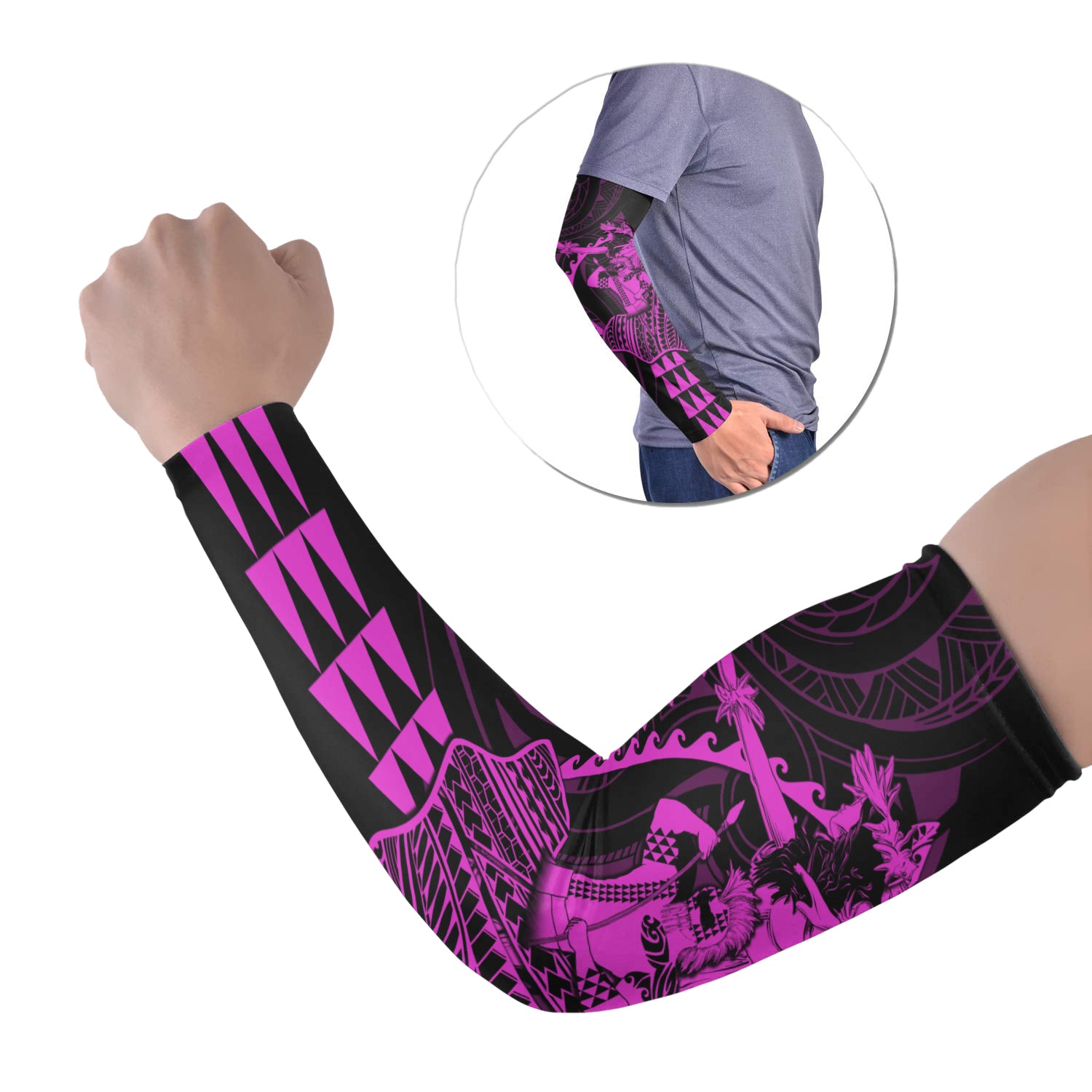 Polynesian Arm Sleeve 43 (Set of Two) Hawaiian Warrior and Aloha Girl With Hammerhead Shark Tattoos Purple LT6 Set of 2 Purple - Polynesian Pride