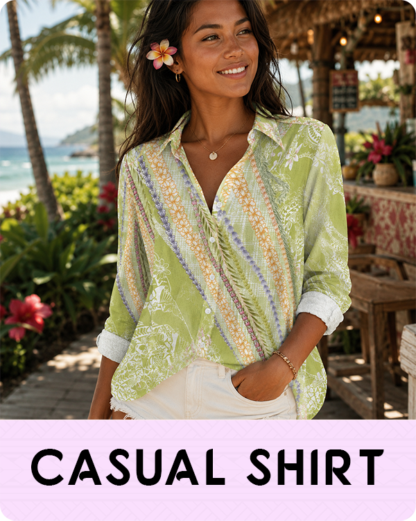 Woman wearing a Hawaiian Lei casual shirt with a beach setting in the background