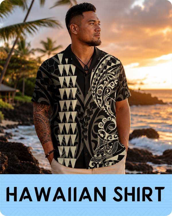 Man wearing a Hawaiian shirt with a sunset and ocean background