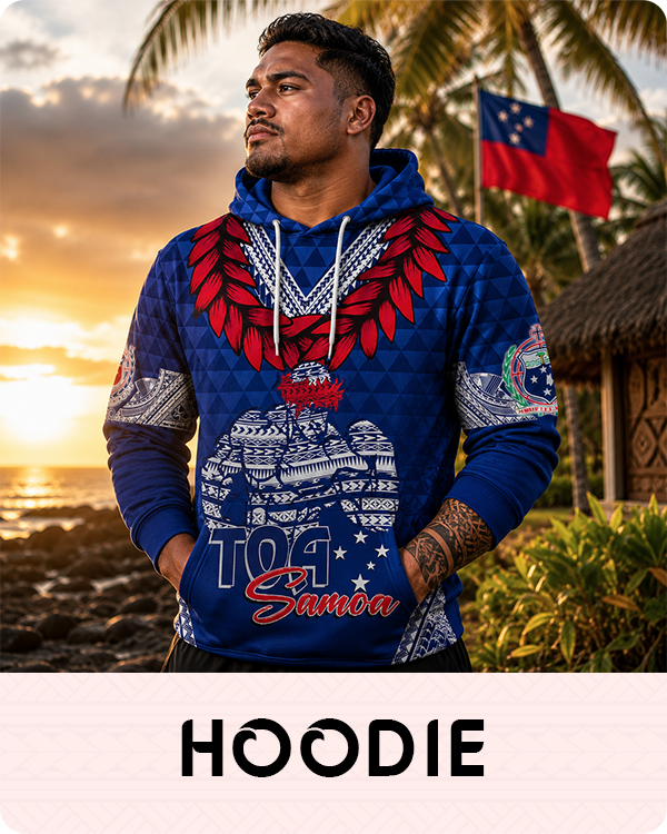 Samoa-inspired blue hoodie featuring Polynesian tribal patterns, red feather necklace design, and Samoa flag backdrop at tropical beach sunset