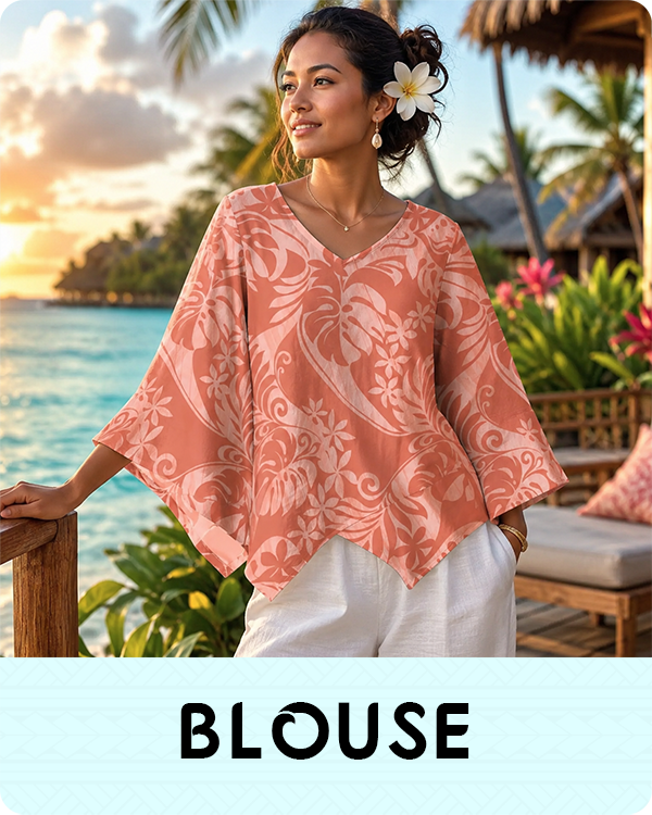 Tahiti woman wearing a pink floral blouse with a tropical background