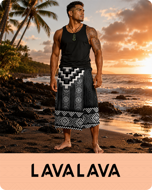 Maori man wearing a black tank top and patterned sarong standing on a beach with Lavalava