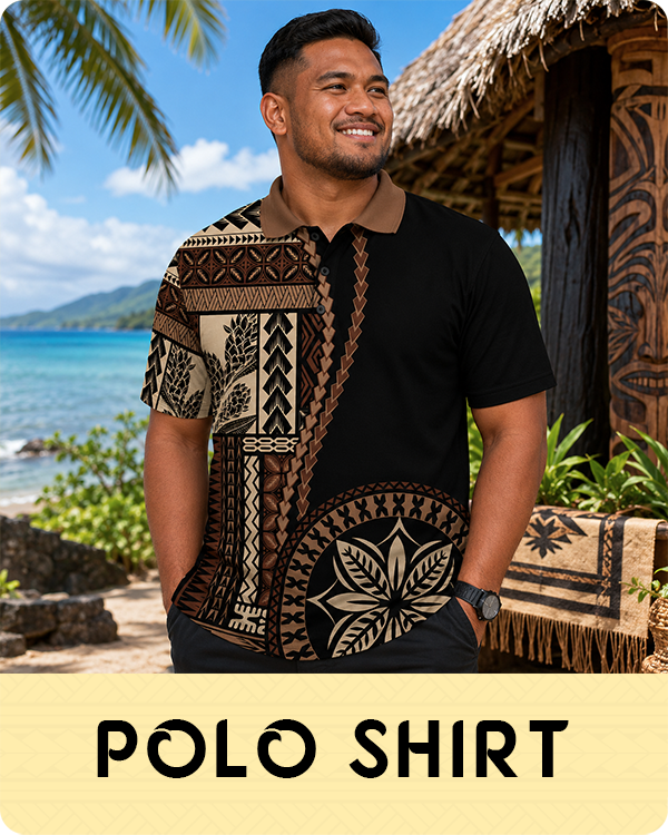 Man wearing a patterned polo shirt with a tropical background