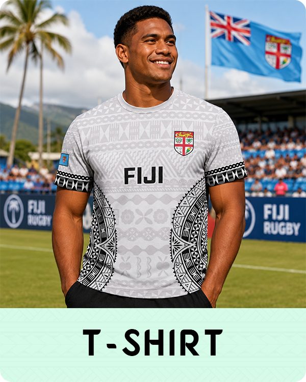 Man wearing a Fiji rugby jersey on a sports field with a Fiji flag in the background