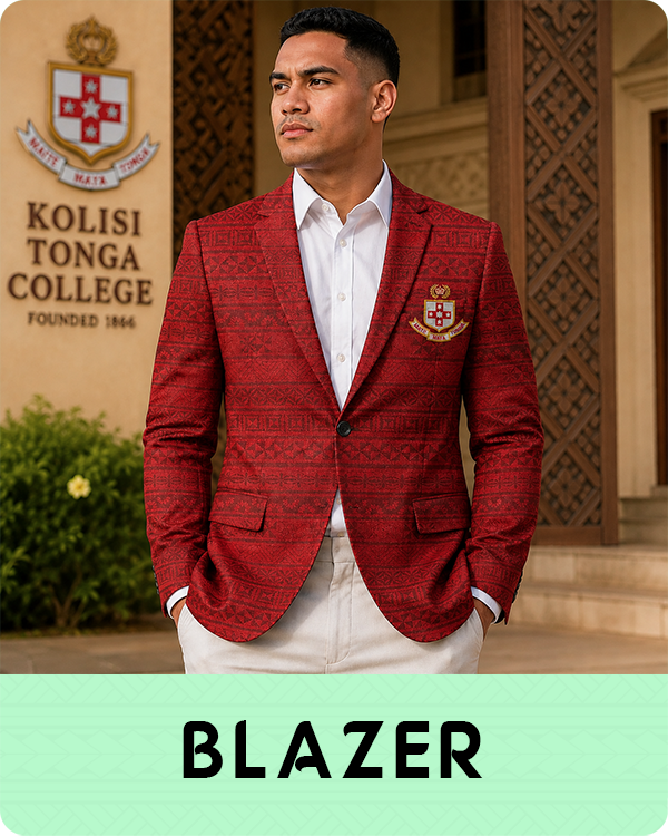 Stylish Tongan blazer inspired by Kolisi Tonga College, featuring traditional Tongan patterns and premium tailored design