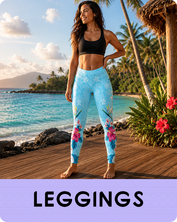 Polynesian women wearing floral leggings on a tropical beach