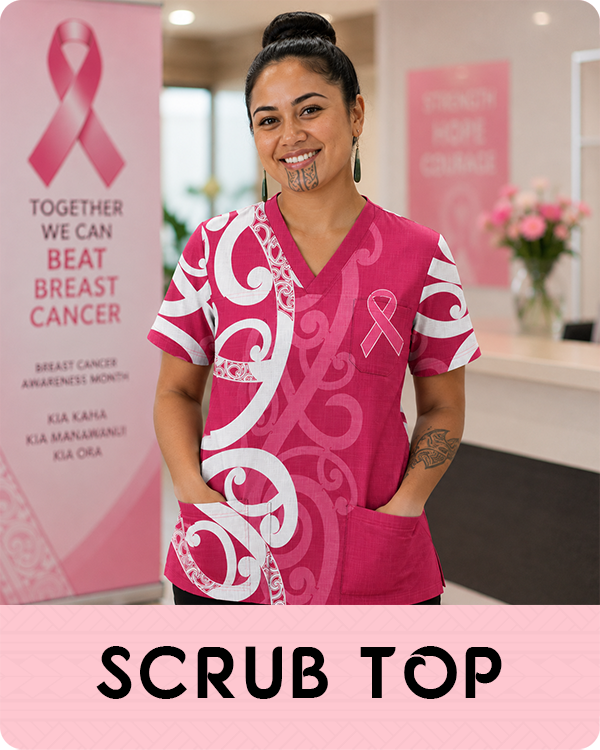 Maori female wearing a pink scrub top with white patterns, standing in front of a breast cancer awareness poster.