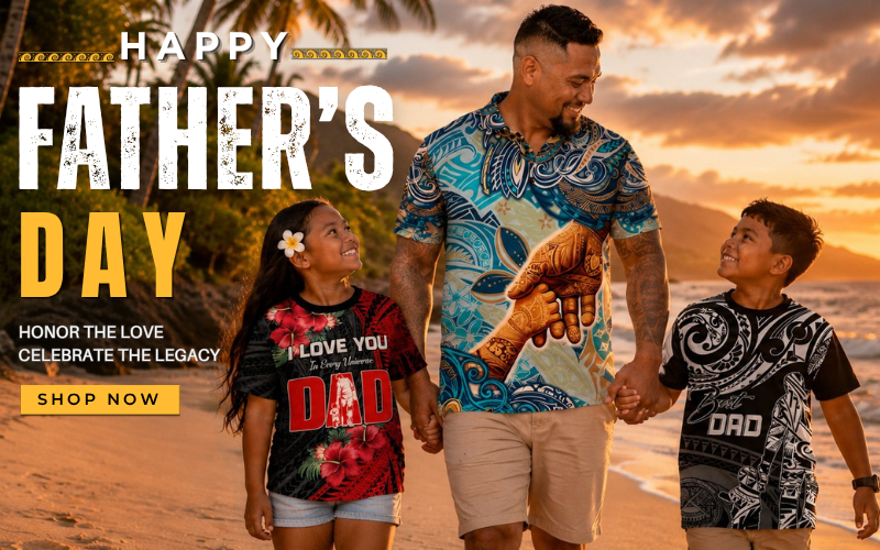 Father and two children walking on a beach with 'Happy Father's Day' text overlay.