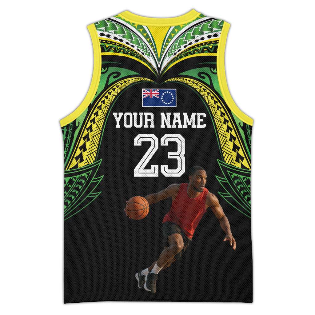 Custom Photo Cook Islands Basketball Jersey Tatau Tribal Motifs Black Color CTM03 - Polynesian Pride