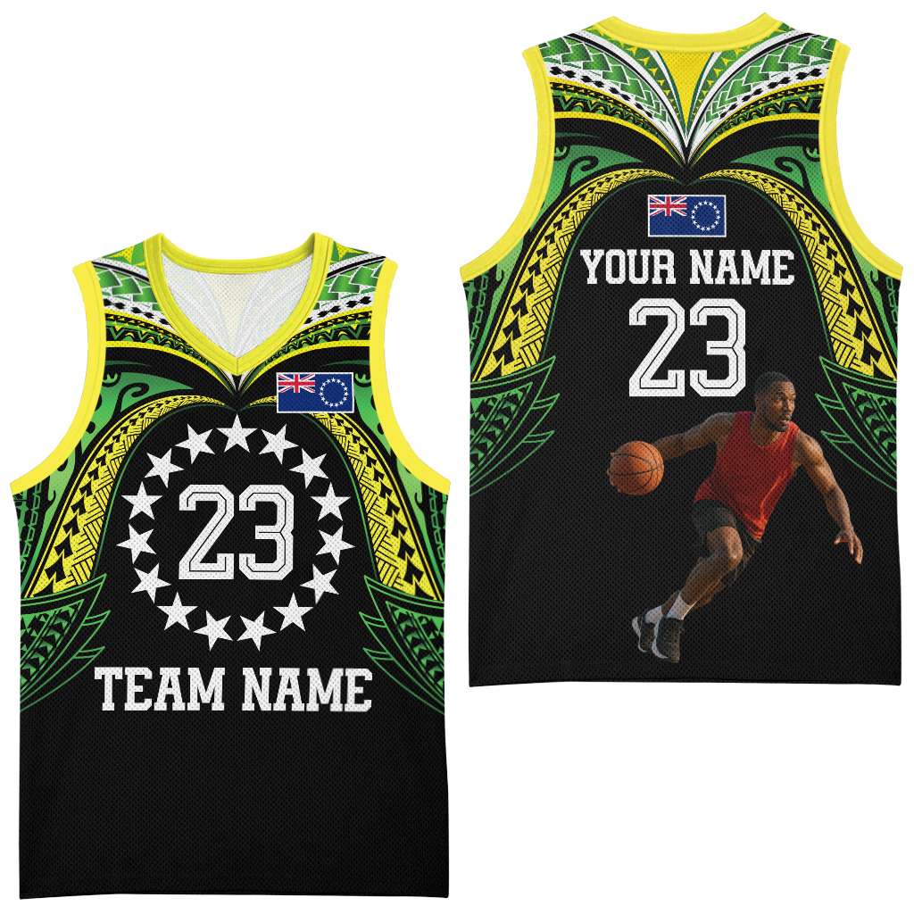 Custom Photo Cook Islands Basketball Jersey Tatau Tribal Motifs Black Color CTM03 - Polynesian Pride